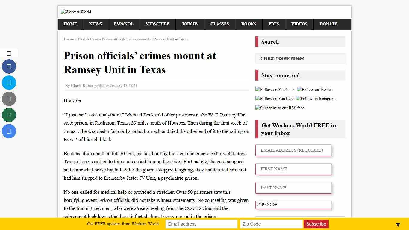 Prison officials’ crimes mount at Ramsey Unit in Texas – Workers World
