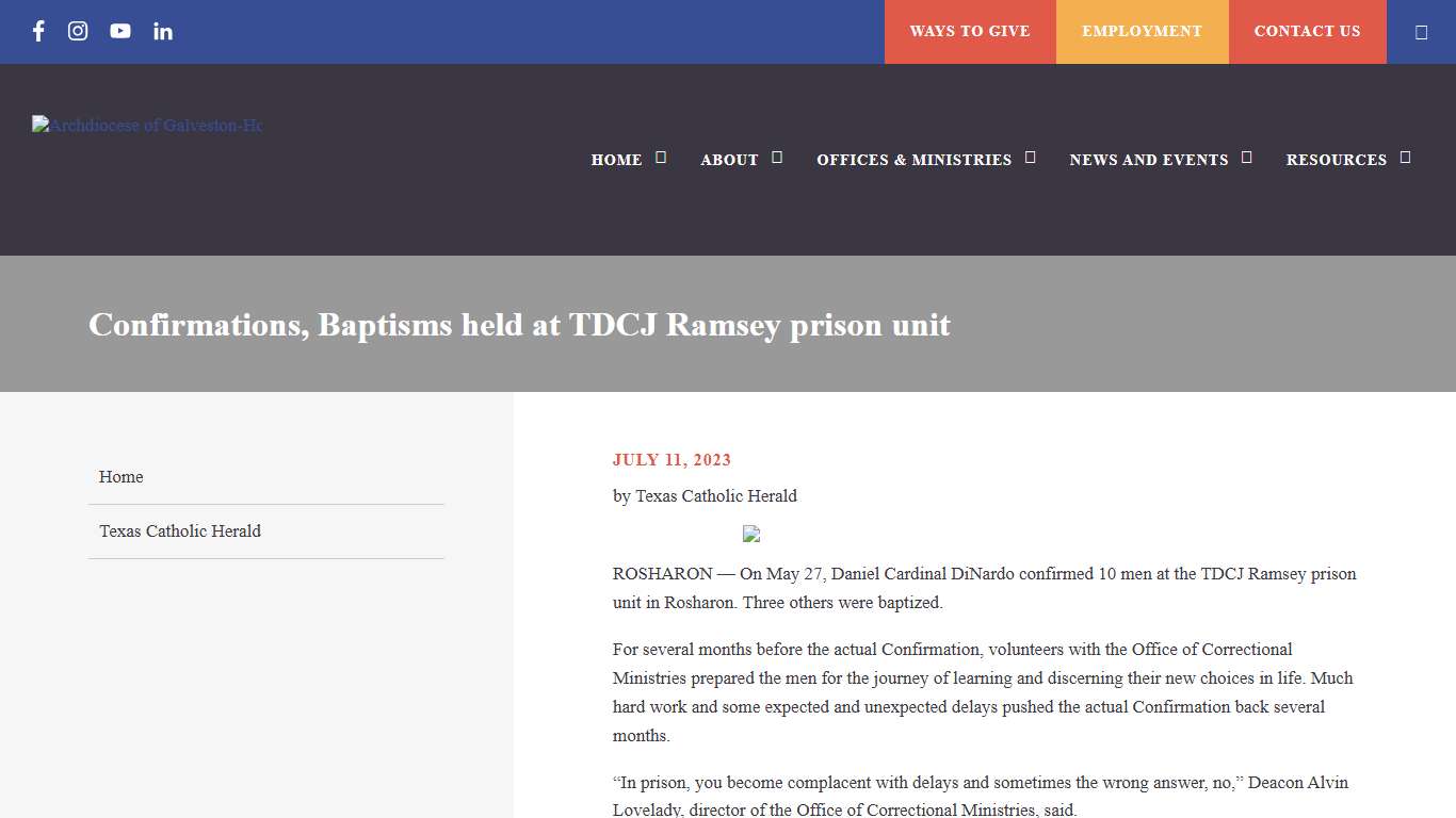 Confirmations, Baptisms held at TDCJ Ramsey prison unit | Archdiocese of Galveston-Houston | Houston, TX