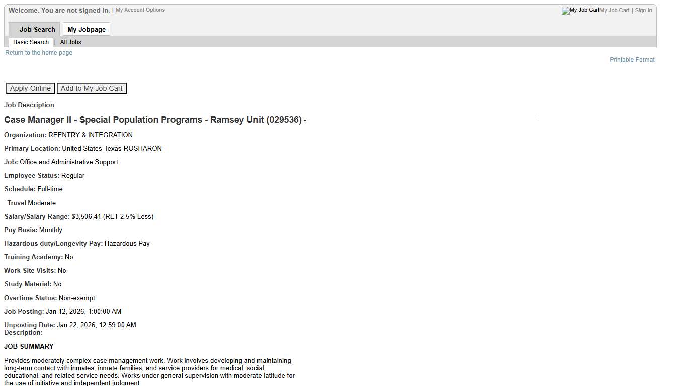 Job Description - Case Manager II - Special Population Programs - Ramsey Unit (029536) (26000103)